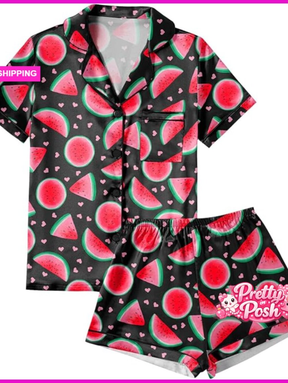 Striped Silky Satin Pajamas Set Short Sleeve Top With Shorts
